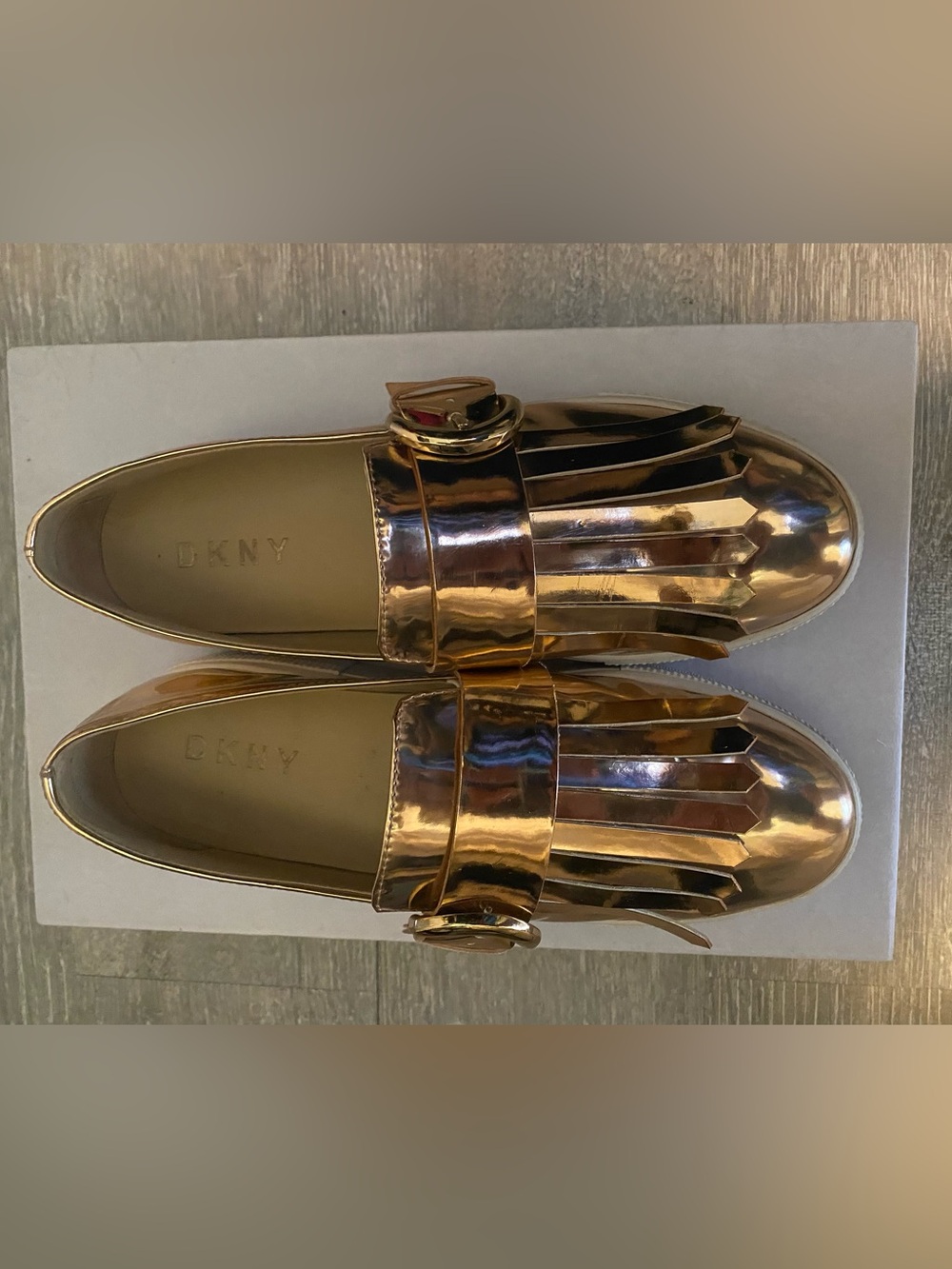 Metallic Rose Gold Fringe Loafers by DKNY